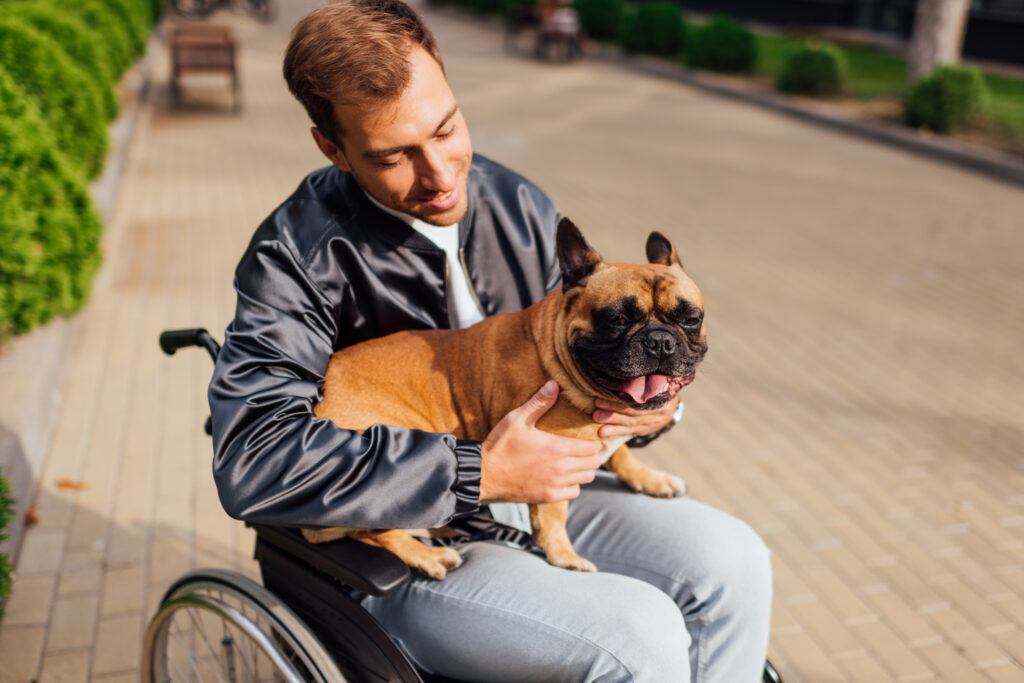 Active In A Wheelchair- Man Holding A Dog In A Wheelchair