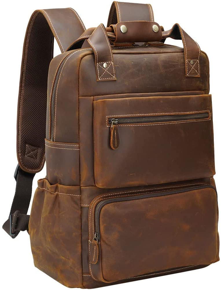 TIDING Men's Leather 17 Inch Laptop Backpack Large Capacity Business Travel Office Daypacks Brown