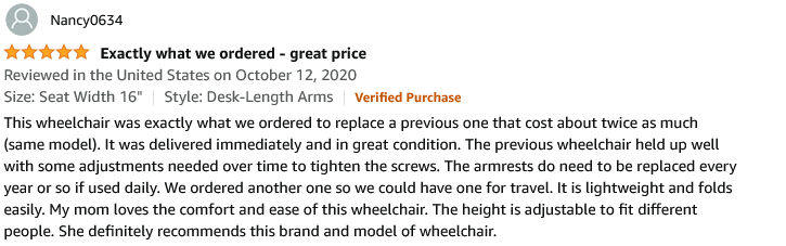 5 Star Reviews From Amazon-Invacare Light Weight Wheelchair