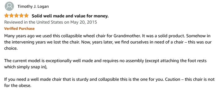 5 Star Reviews From Amazon-Invacare Light Weight Wheelchair