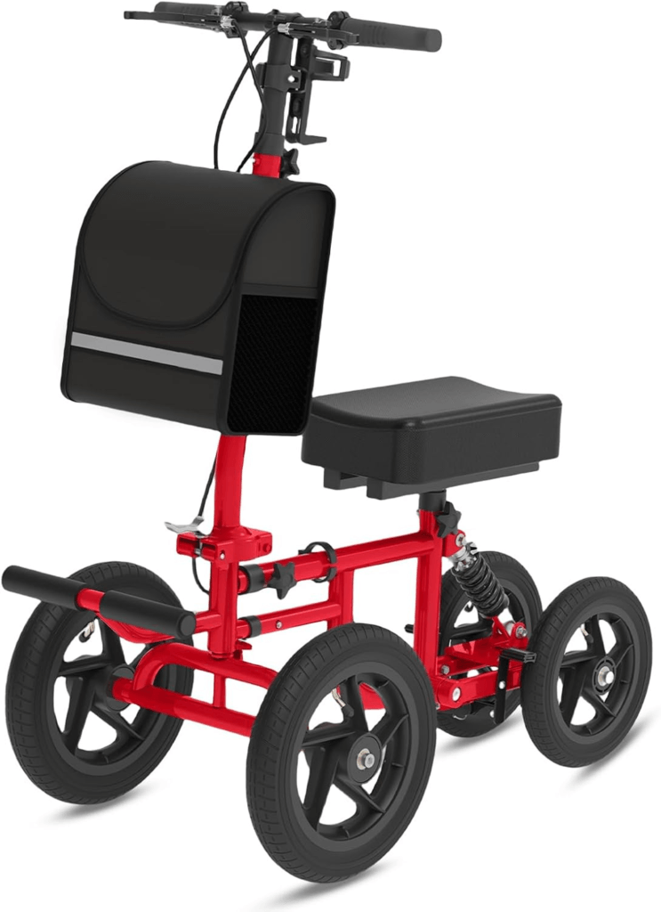 A knee walker is used when one leg needs to stay off the ground, allowing you to rest your knee on a padded platform while moving forward.