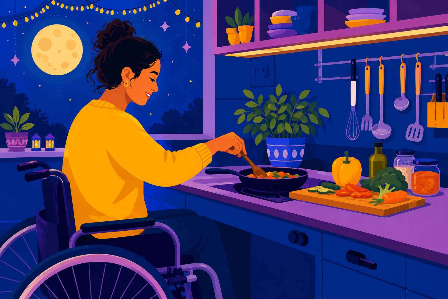 Colorful vector illustration of a woman using a wheelchair while preparing a healthy meal in an accessible kitchen. Bright vegetables, cooking utensils, and a modern workspace highlight independence and adaptive cooking.