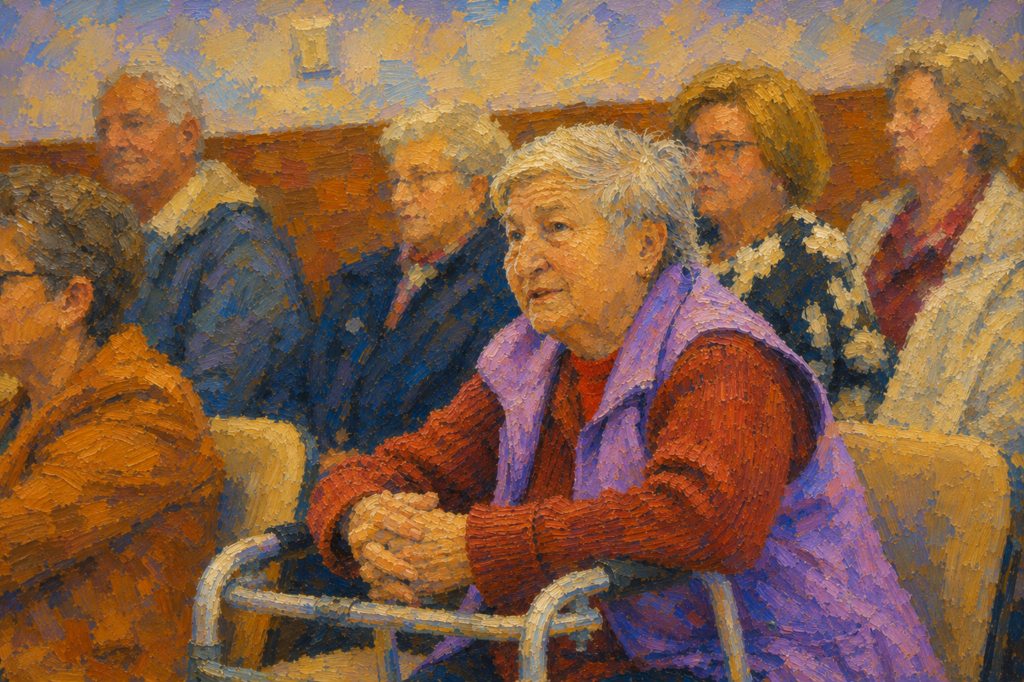 Impressionist-style painting of an older woman seated with her hands resting on a walker while attending a community gathering. Warm colors, textured brushstrokes, and attentive expressions create a scene of connection, support, and engagement.