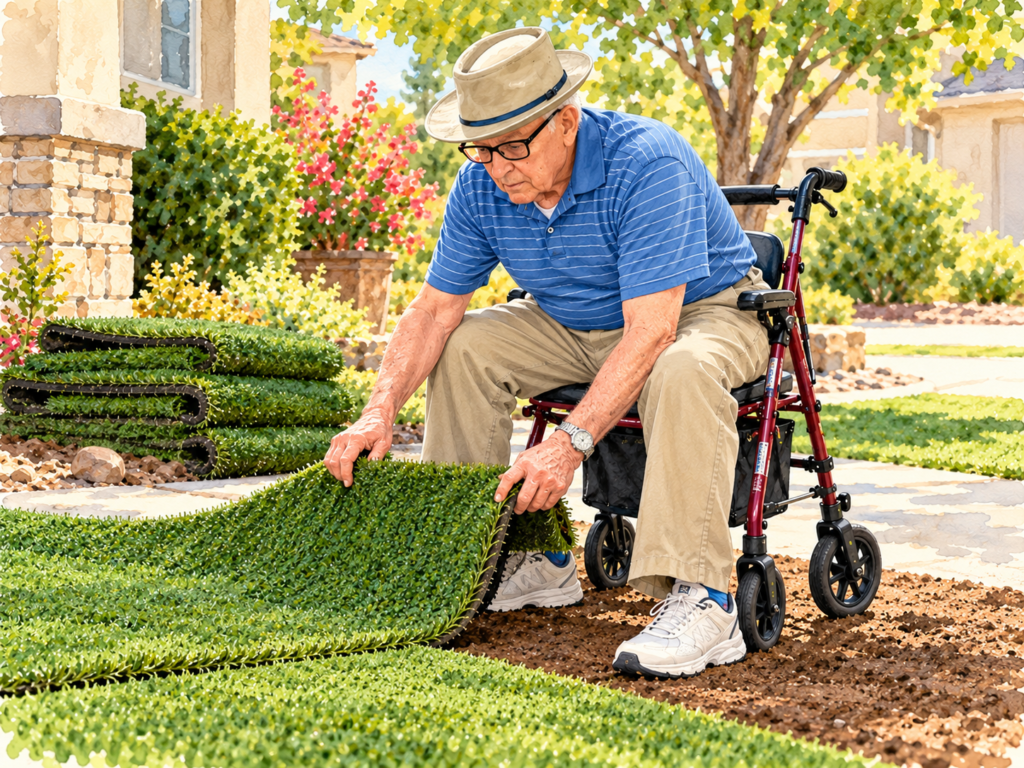 Daily Living Aids for Independence- Watercolor of an elderly man sitting on his rollator in his front yard, laying down turf by himself.