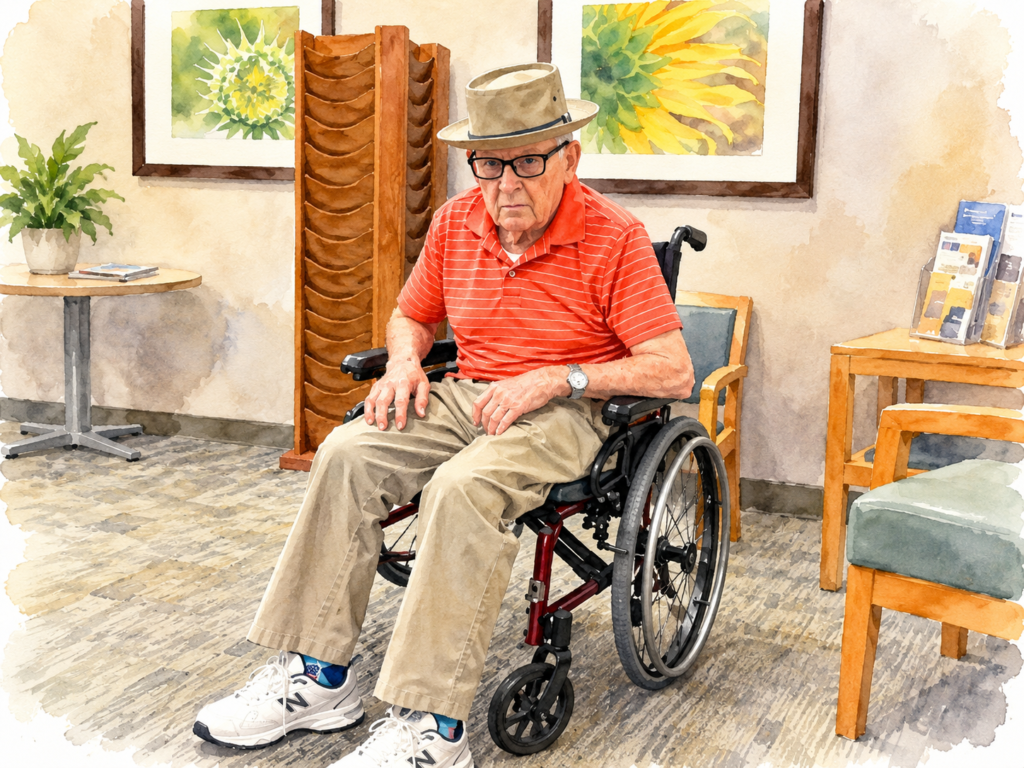 My father sitting in his wheelchair at Dr. Francis’s office, wearing his favorite hat and a red striped shirt while waiting for his doctor's appointment.