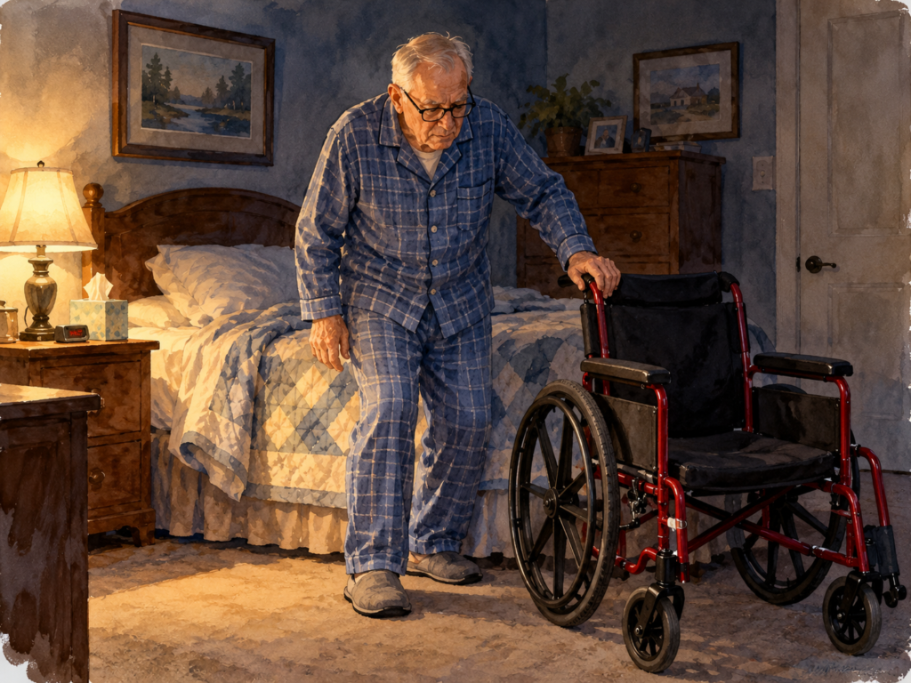 Watercolor illustration of an elderly man standing beside his red wheelchair in a dimly lit bedroom, illustrating the importance of bed alarms for fall prevention.