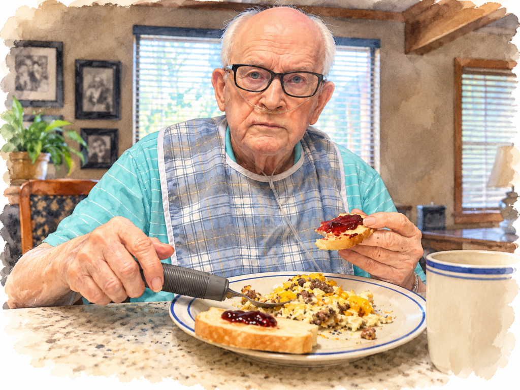 My dad enjoying breakfast at home while using a built-up handle adaptive fork designed for people with arthritis and limited hand grip strength.