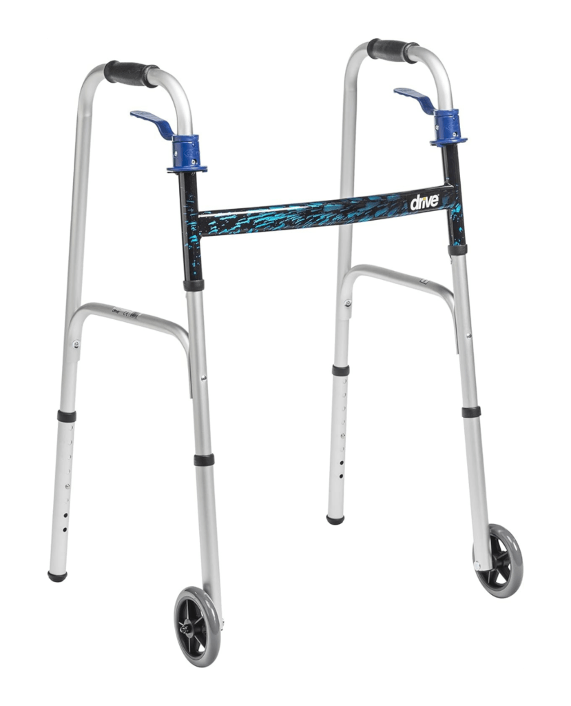 A two-wheel walker has wheels on the front legs, making it easier to move without lifting. It provides a balance between stability and mobility.