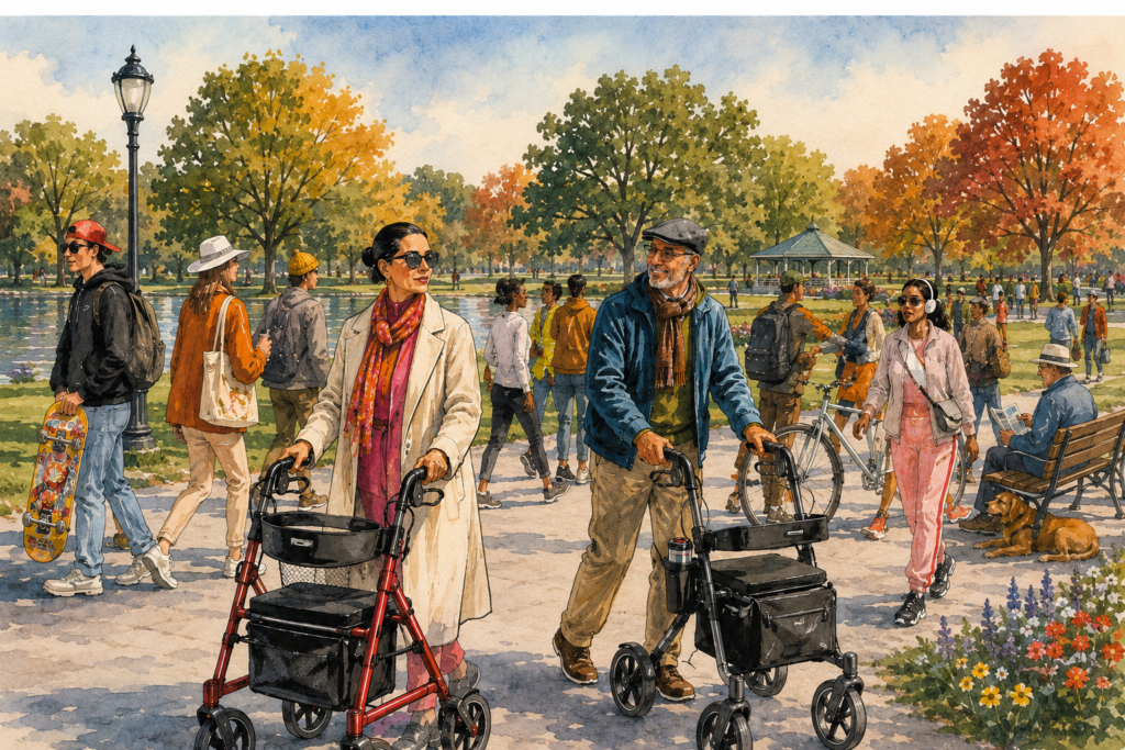 Two older adults using rollator walkers enjoy a walk through a colorful autumn park while people of all ages stroll, cycle, and relax nearby.