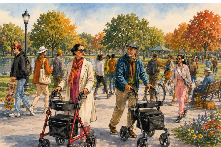 Two older adults using rollator walkers enjoy a walk through a colorful autumn park while people of all ages stroll, cycle, and relax nearby.