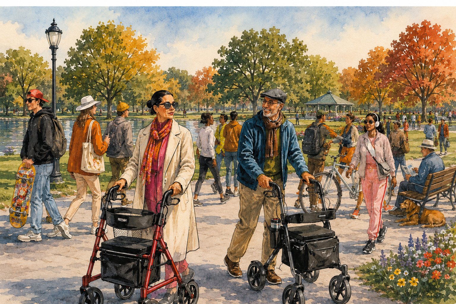Two older adults using rollator walkers enjoy a walk through a colorful autumn park while people of all ages stroll, cycle, and relax nearby.