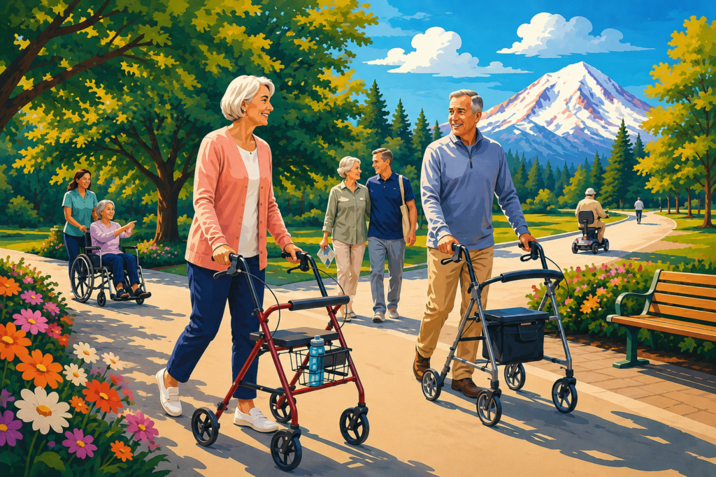 Colorful vintage travel poster-style illustration showing older adults using rollators, a wheelchair, and a mobility scooter while enjoying a scenic park walk surrounded by flowers, trees, and mountain views.