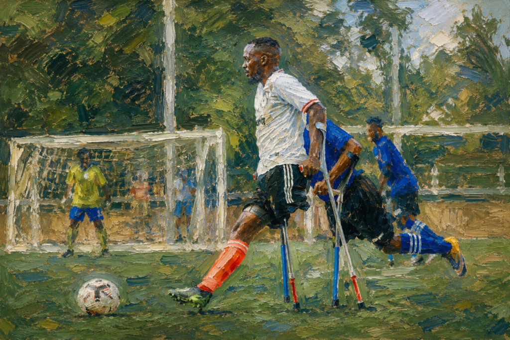 Impressionist oil painting of an adaptive soccer player using forearm crutches while competing on a soccer field, with teammates and a goal in the background.