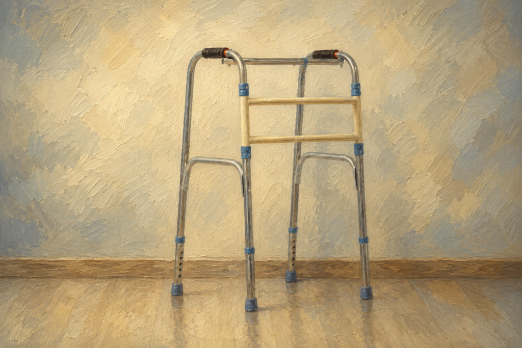 Standard adjustable walker with a lightweight aluminum frame standing on a hardwood floor against a plain white wall.