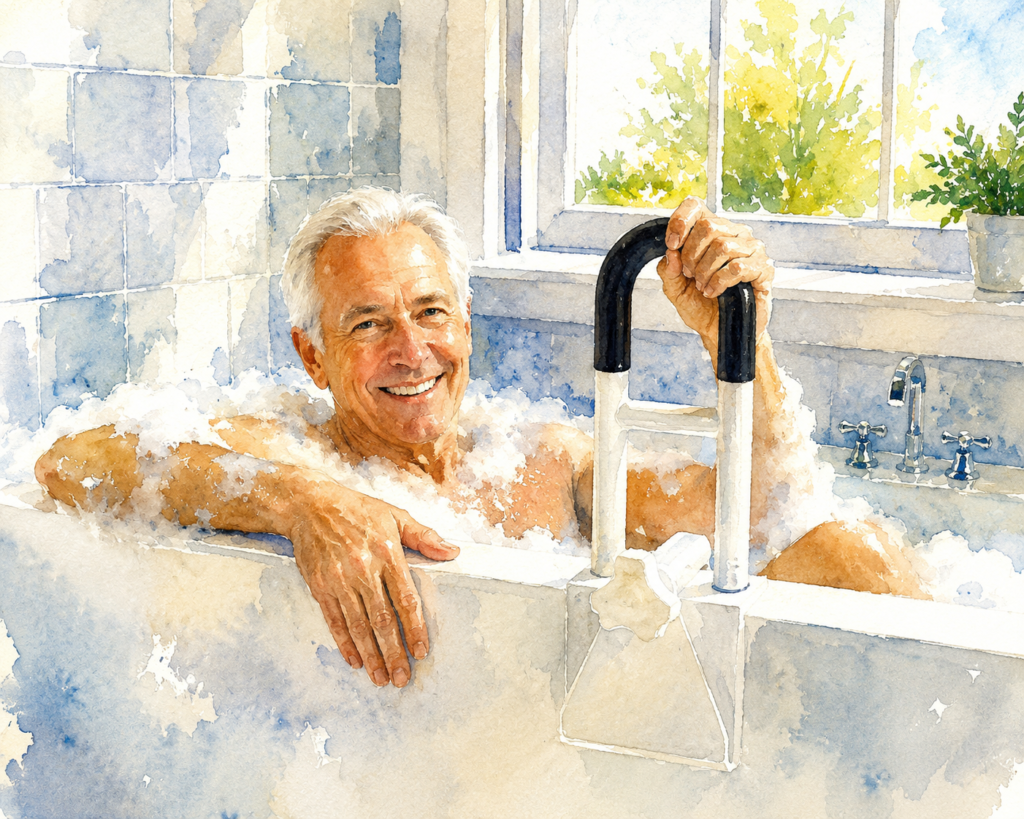 Watercolor illustration of a smiling older man relaxing in a bathtub while holding a bathtub safety rail. Soft blue and white tones, warm sunlight, and a bright bathroom setting emphasize bathroom safety and independent bathing.