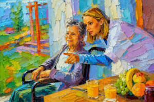 Caregiver pointing out the window while sitting beside an elderly woman in a wheelchair in a colorful impasto-style painting.