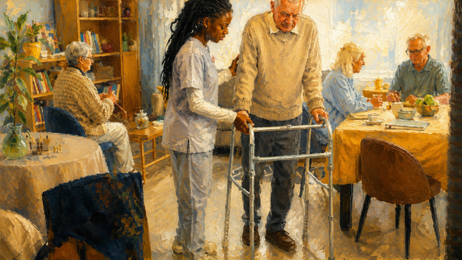 Caregiver assisting an elderly man using a walker in a senior living community, shown in a warm, realistic oil painting style with other residents socializing in the background.