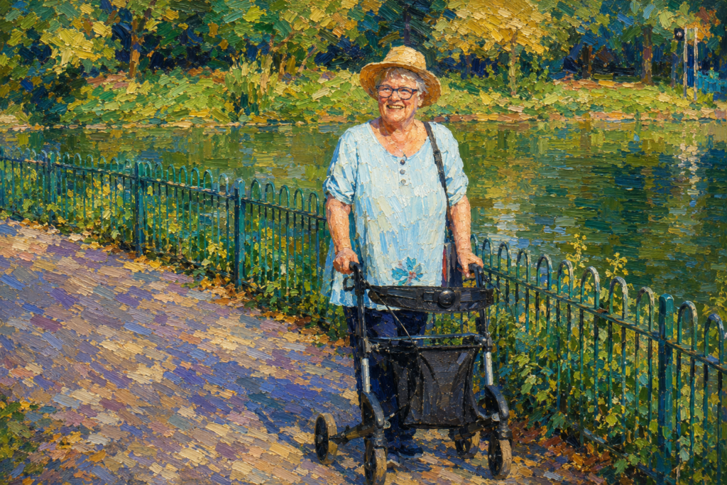 Older woman walking along a lakeside path with a rollator walker in a colorful impressionist-style painting.
