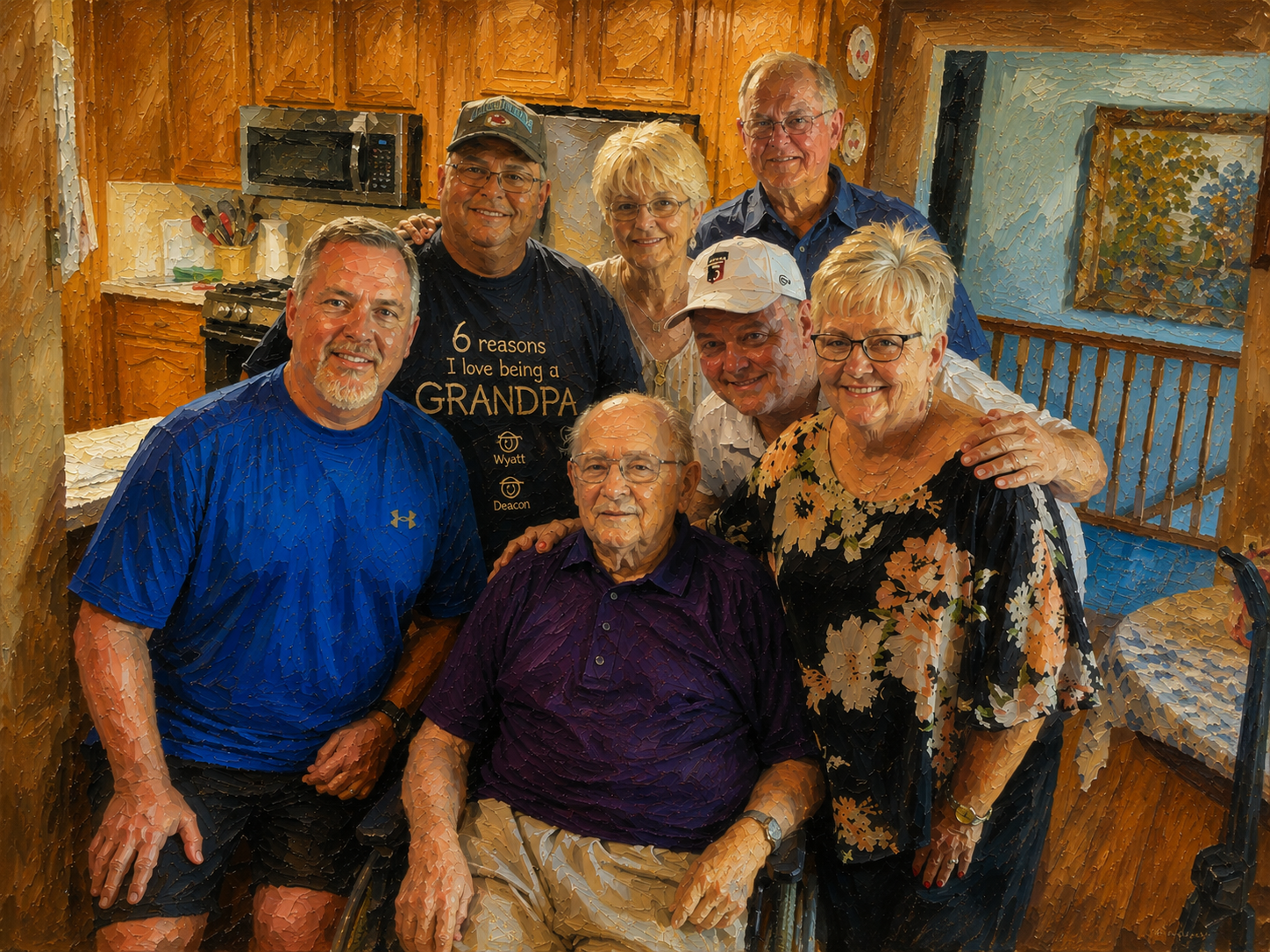 A realistic oil painting of a multigenerational family gathered around their elderly father seated in a wheelchair in a warm, wood-paneled kitchen, celebrating time together with smiles and close family support.