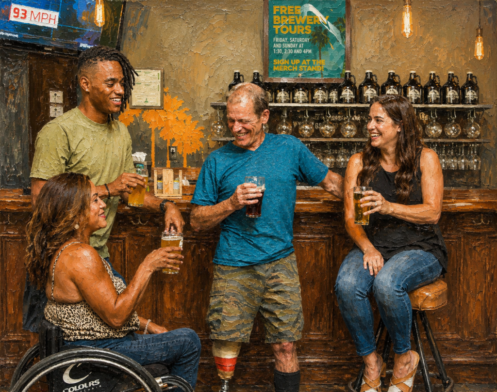 Impressionist oil painting of friends socializing at a brewery, including a wheelchair user and a man with a prosthetic leg, enjoying drinks in an accessible, inclusive setting.