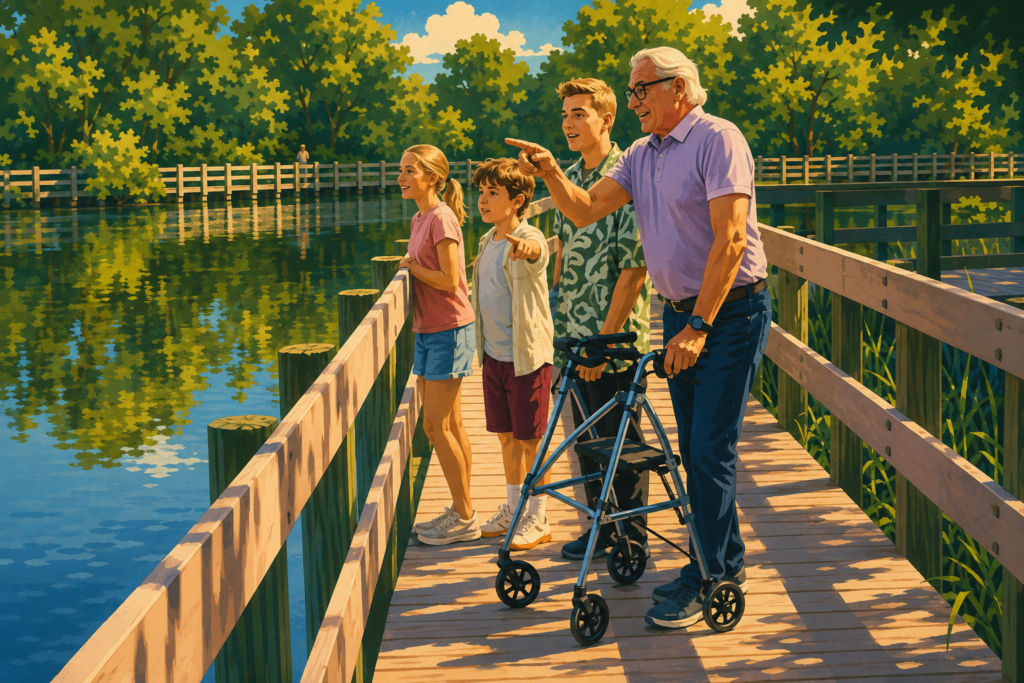 Travel poster-style illustration of a grandfather using a rollator walker while enjoying a lakeside boardwalk with children and family members on a sunny day.