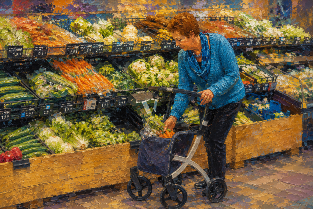 Impressionist-style painting of an older woman shopping in a grocery store produce section while using a rollator walker. Fresh vegetables, warm colors, and textured brushstrokes create a vibrant scene of independence and everyday mobility.