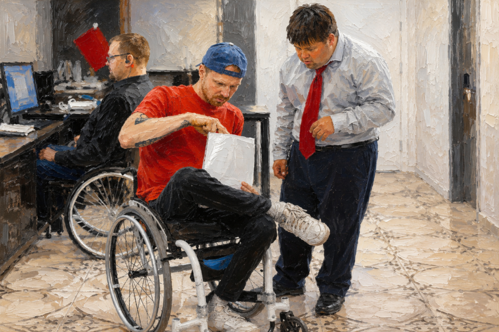 Impressionist oil painting of a wheelchair user reviewing a document with a coworker in an inclusive office while another employee using a wheelchair works at a nearby desk.