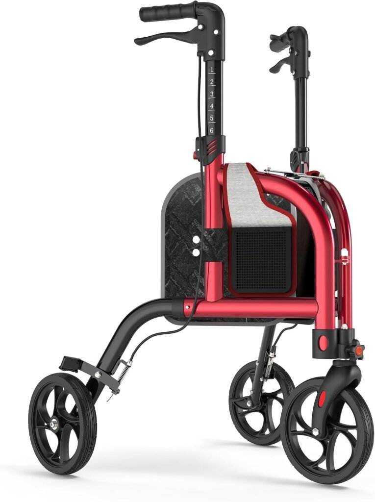 Lightweight three-wheel walker with one front wheel for easy maneuvering