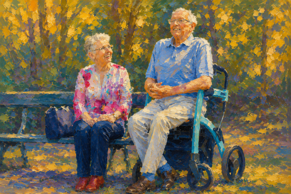How to Choose the Right Walker-Elderly couple enjoying a sunny day in the park, rendered in a colorful impressionist painting style. A woman sits on a bench smiling at a man using a mobility aid, surrounded by warm golden light and vibrant trees.