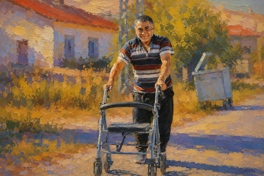 mpressionist-style painting of a man using a rollator walker on a quiet rural road. Warm sunlight, colorful brushstrokes, and a peaceful countryside setting create a scene that emphasizes mobility, confidence, and independence.