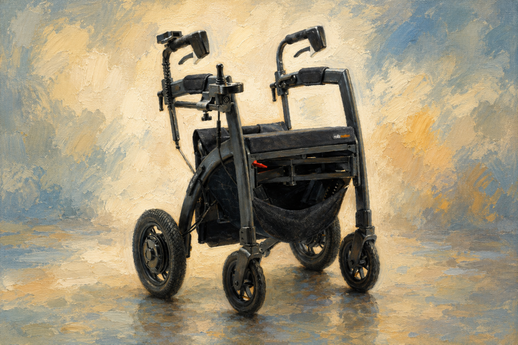Realistic oil painting of a modern all-terrain rollator walker with padded forearm supports, large rear wheels, and a built-in seat, shown against a softly textured neutral background.