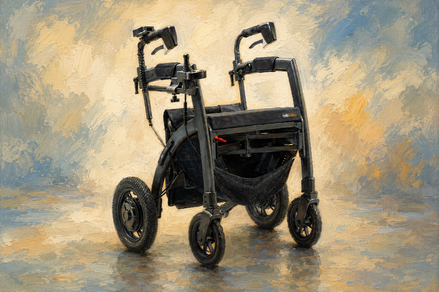 Realistic oil painting of a modern all-terrain rollator walker with padded forearm supports, large rear wheels, and a built-in seat, shown against a softly textured neutral background.