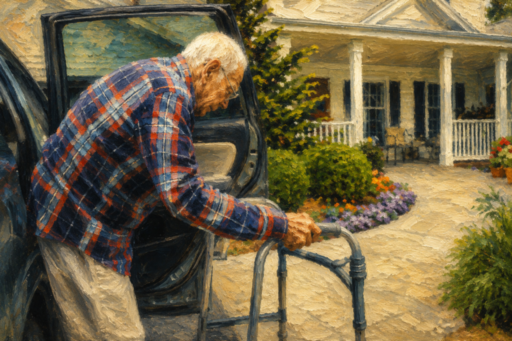 Best Walkers For Balance Problems-Oil painting of an older man using a walker as he carefully steps out of a vehicle in the driveway of a suburban home, illustrating safe mobility and independence.