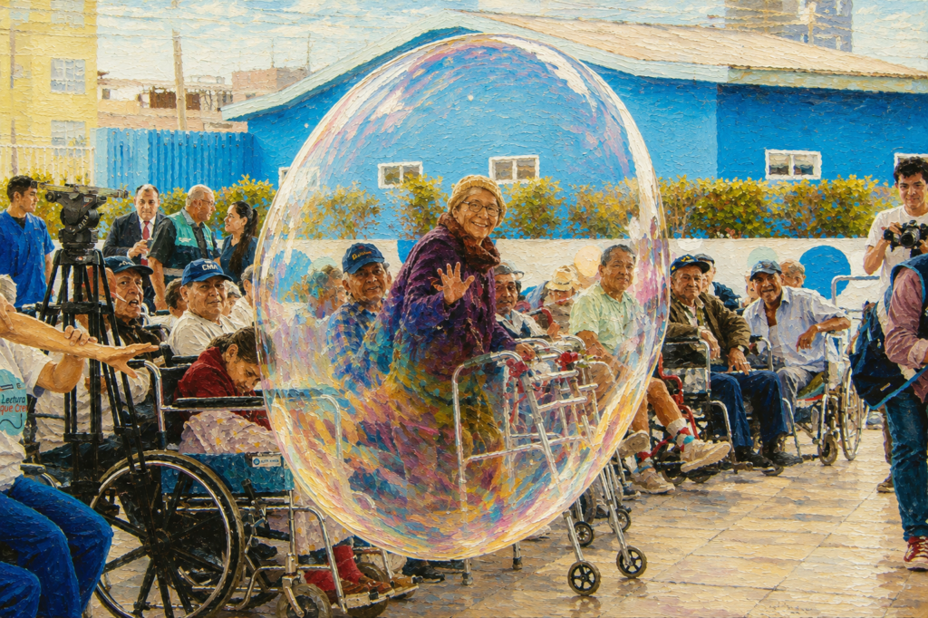 Impressionist oil painting of older adults gathered at an outdoor community event, with wheelchairs, walkers, and a large iridescent bubble creating a joyful, inclusive atmosphere.