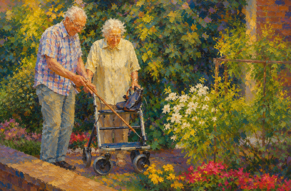 Impressionist-style painting of an elderly couple walking through a colorful garden. The woman uses a rollator walker while the man walks beside her with a cane, surrounded by vibrant flowers, lush greenery, and warm sunlight