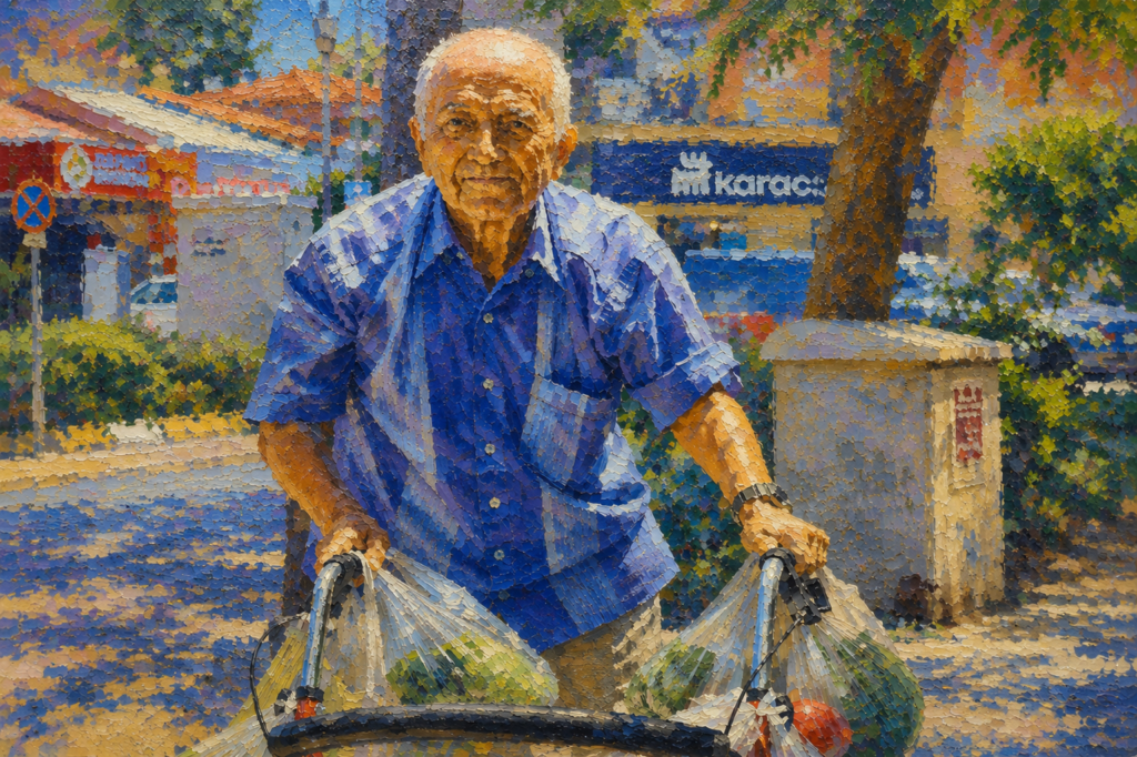 Impressionist-style painting of an older man using a rollator walker loaded with grocery bags while walking through a sunny neighborhood. Vibrant brushstrokes, warm colors, and an urban backdrop create a cheerful scene of independence and daily living.