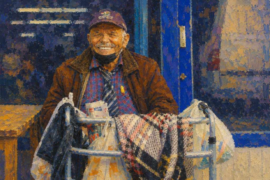 Impressionist-style painting of a smiling older man standing behind a walker filled with shopping bags and personal belongings. Rich blue tones, textured brushstrokes, and warm lighting create a welcoming street scene that emphasizes resilience and independence.