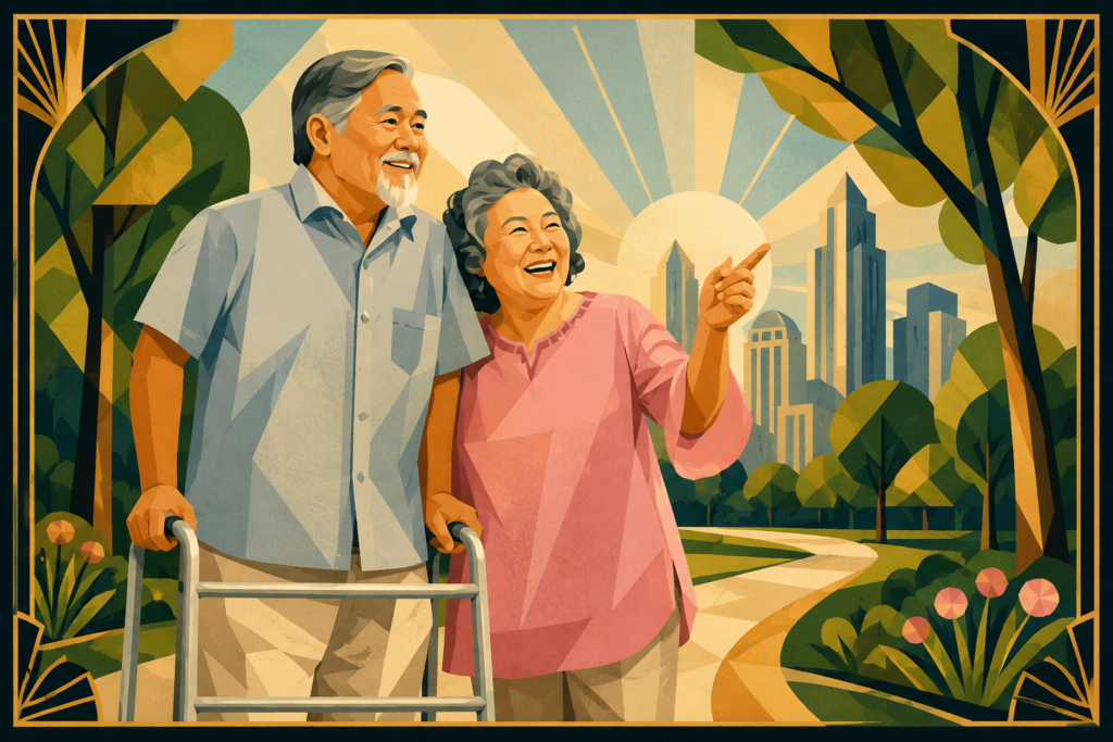 Art Deco-style illustration of a smiling senior couple in a park, with the man using a walker while the woman points ahead toward a bright future.
