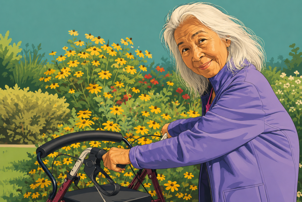 Illustration of a smiling senior woman using a rollator walker while enjoying a colorful flower garden on a sunny day.