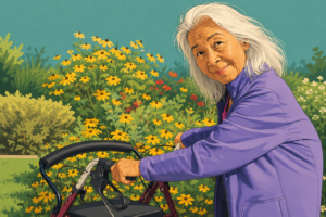 Illustration of a smiling senior woman using a rollator walker while enjoying a colorful flower garden on a sunny day.