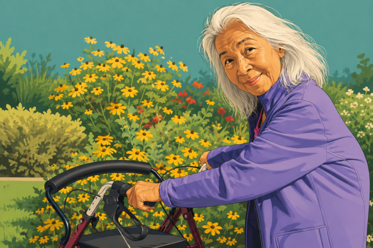Illustration of a smiling senior woman using a rollator walker while enjoying a colorful flower garden on a sunny day.
