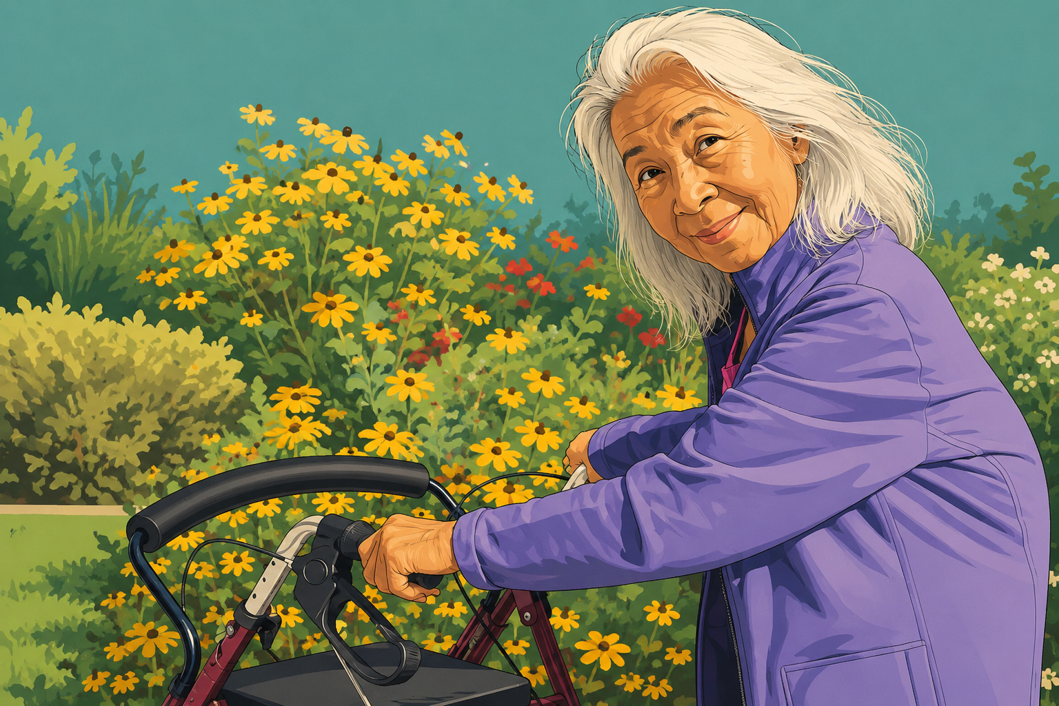 Illustration of a smiling senior woman using a rollator walker while enjoying a colorful flower garden on a sunny day.