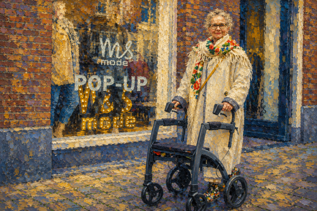 How to Adjust a Walker to the Right Height- Impressionist-style painting of an older woman using a rollator walker while shopping in a charming downtown district. The colorful storefront, cobblestone street, and vibrant scarf create a warm scene of independence and active living.