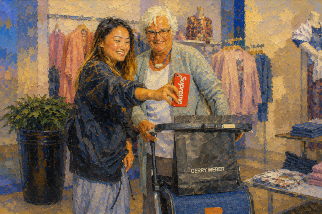 Best Walkers for Seniors- Impressionist-style painting of an older woman shopping with a rollator walker while taking a selfie with a younger companion in a clothing store. The colorful scene highlights mobility, independence, friendship, and active living.