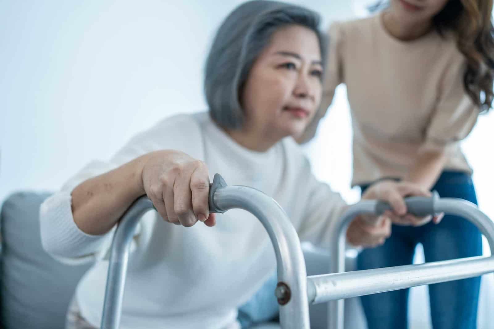 Walker support aid for seniors with mobility challenges.