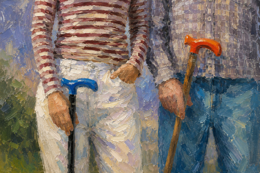 Mobility Aids: Choosing the Right One- Impressionist oil painting of two adults standing side by side holding walking canes with colorful ergonomic handles, highlighting mobility support and independent living.