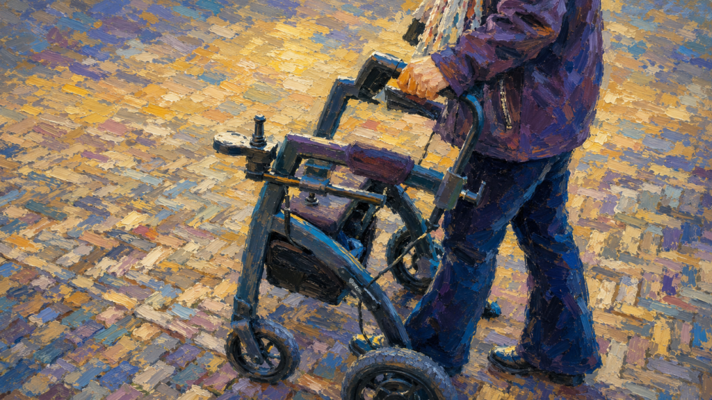 Impressionist-style painting of a person using an upright rollator walker on a cobblestone pathway. Rich brushstrokes and warm sunlight highlight the ergonomic forearm supports and stable design of the mobility aid.