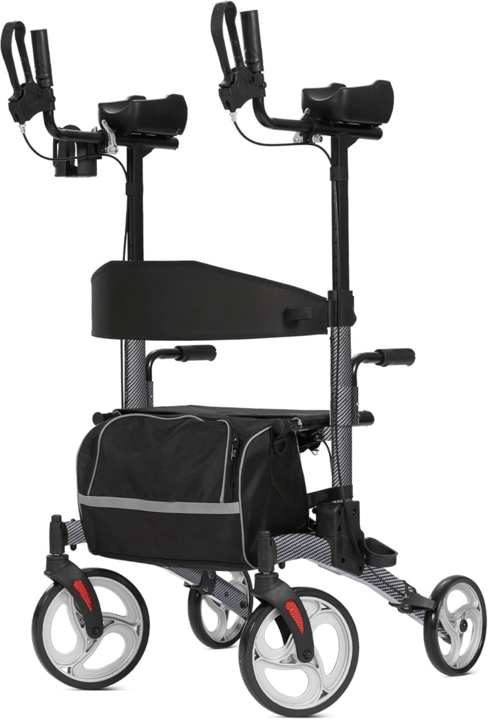An upright walker (also called a forearm walker) allows you to stand more upright by supporting your forearms instead of your hands. This helps reduce strain on the wrists, shoulders, and back.