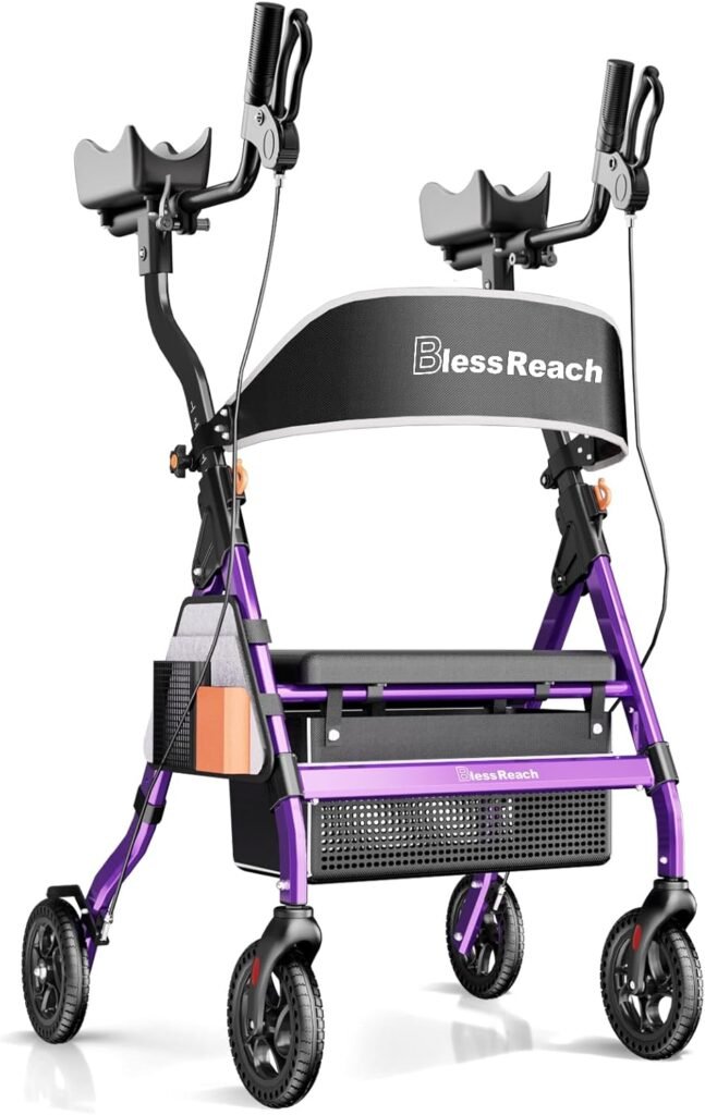 Person walking confidently with an upright walker in a bright outdoor setting. The ergonomic forearm supports help promote a more natural posture while providing stability and balance.