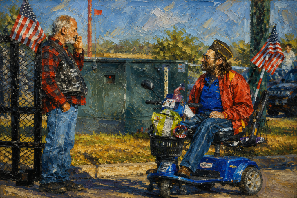 Impressionist oil painting of a U.S. veteran using a mobility scooter while talking with a friend outdoors, with American flags displayed on the scooter and nearby.